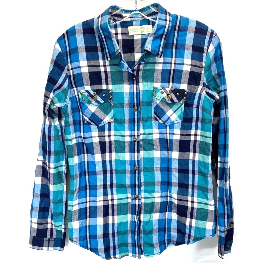 Dream Out Loud Selena Gomez Women Shirt Sz L Blue Plaid Long Sleeve Brass Button